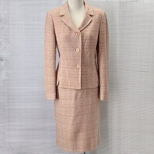 Le Suit 2 Piece Tweed Pastel Pink Tan Gold Accents Jacket & Skirt Suit Set Sz 8